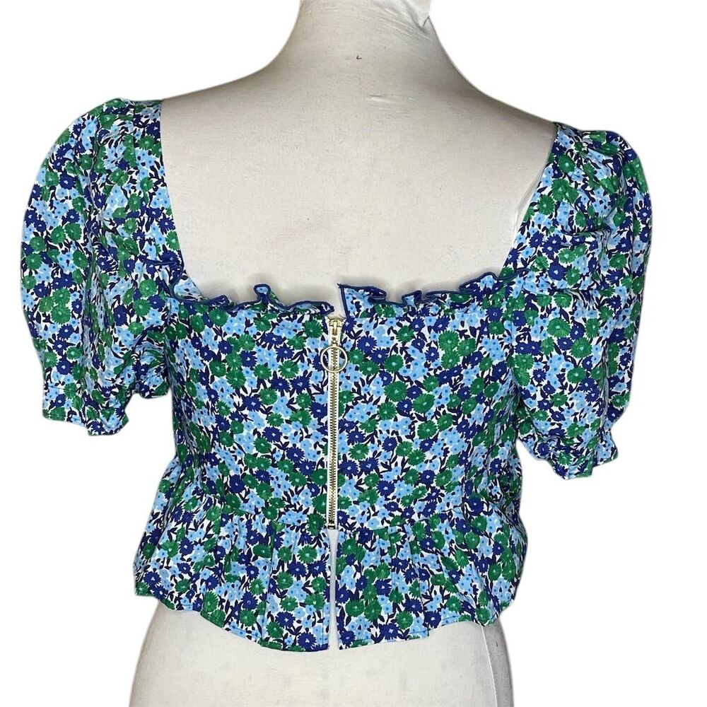 Zara Women's Floral Cropped Blouse M Multicolor Puff Sleeve Ruffle - Picture 3 of 7